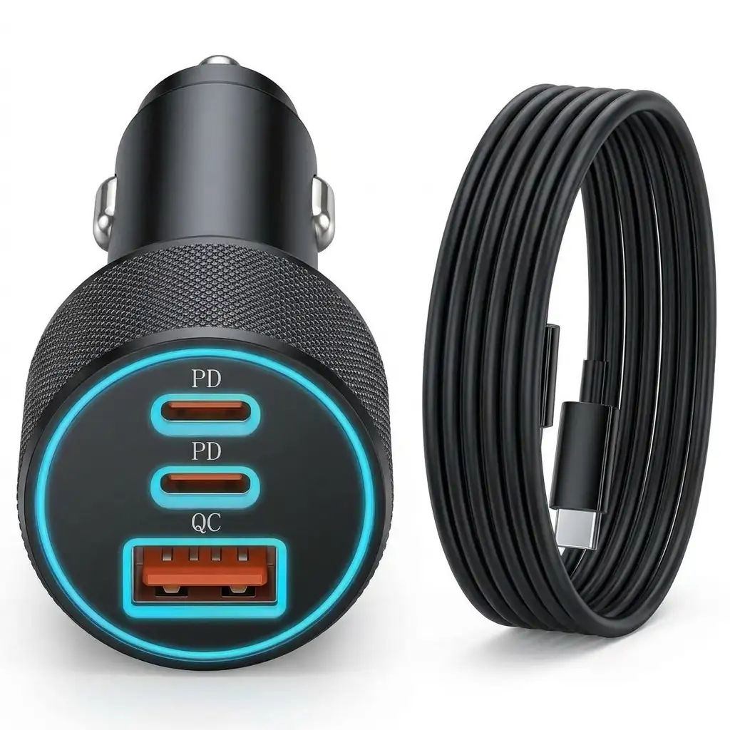KENHAO 67W 3-Port Car Charger with USB-C Cable — fast charging for iPhone and Samsung